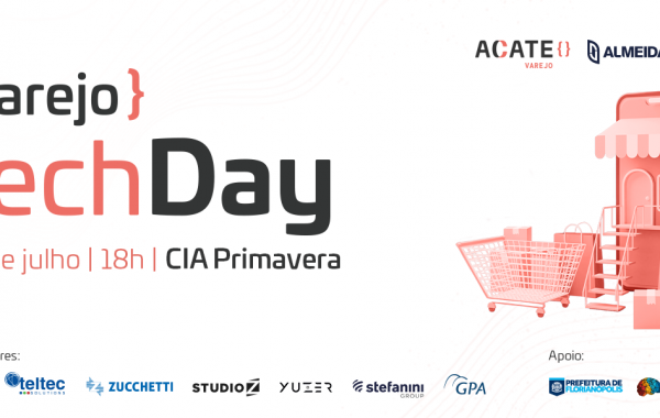 O Varejo Tech Day terá mesa redonda, palestras, showcases e momento de matchmaking. Grupo Boticário e Stone são alguns dos convidados. Na imagem, a logo do evento e de seus patrocinadores, em um fundo branco com ilustrações de um mercado em rosa.